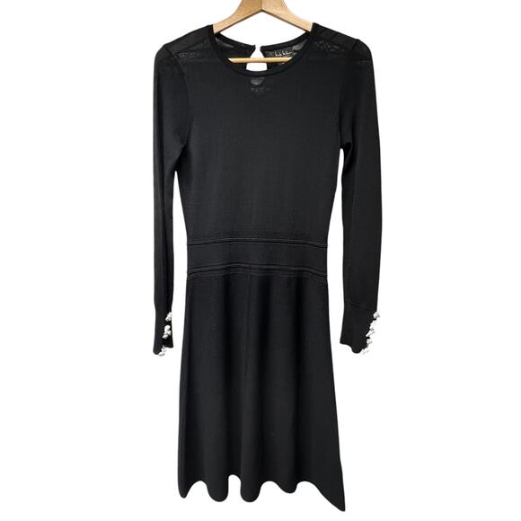 NWT Nicole Miller Fit & Flare Black Long Sleeve Dress Pearl Accents Size Small - Picture 1 of 8